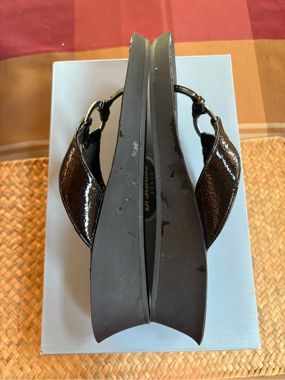 Dr. Scholl's Black Patent Flip Flop Sandals with Silver Accent